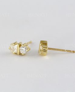 Round and princess cut two stone stud earrings in 14k solid gold, Double diamond stud earrings - Image 4