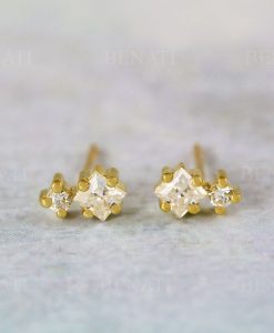 Multi shape moissanite two stone 14k solid gold stud earrings, Double diamond stud earrings - Image 3