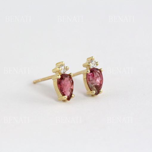 Pear And Round Cut Toi Et Moi Earrings, Pink Tourmaline, Lab Diamond 14k 18k Yellow Gold Stud Earrings, Two Stone Earrings Multi Shape