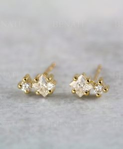 Multi shape moissanite two stone 14k solid gold stud earrings, Double diamond stud earrings - Image 4