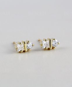 Round and princess cut two stone stud earrings in 14k solid gold, Double diamond stud earrings - Image 5