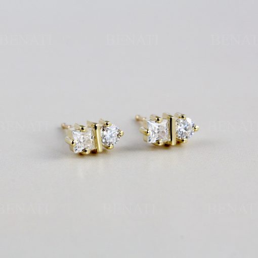 Round moissanite two stone stud earrings made in 14k solid gold, Double diamond stud earrings, two stone second hole minimalist earrings