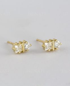 Round and princess cut two stone stud earrings in 14k solid gold, Double diamond stud earrings - Image 6
