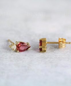 Pear And Round Cut Toi Et Moi Earrings, Pink Tourmaline, Lab Diamond 14k 18k Yellow Gold Stud Earrings, Two Stone Earrings Multi Shape - Image 9