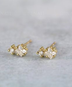 Multi shape moissanite two stone 14k solid gold stud earrings, Double diamond stud earrings - Image 6