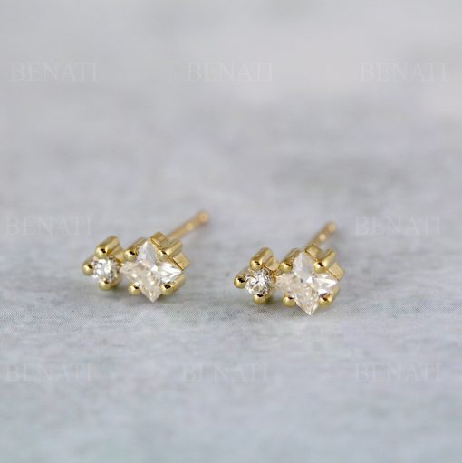Multi shape moissanite two stone 14k solid gold stud earrings, Double diamond stud earrings