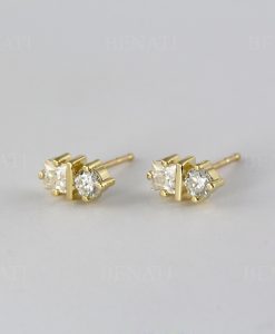 Round and princess cut two stone stud earrings in 14k solid gold, Double diamond stud earrings - Image 7