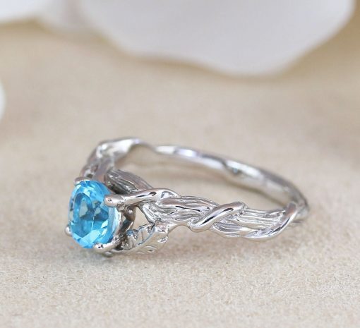Blue Topaz Leaf Engagement Ring In 925 Sterling Silver, Nature Inspired Wood Oak Tree, Forest Leaves Ring, Natural Floral Unique Boho Ring