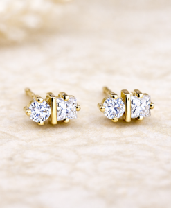 Round and princess cut two stone stud earrings in 14k solid gold
