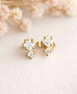 Multi shape moissanite two stone 14k solid gold stud