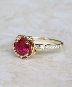 Ruby Rose Flower Engagement Ring, Ruby Rose Ring 1 Carat Solitaire Floral Engagement Ring, Nature Inspired Flower Ring - Image 2