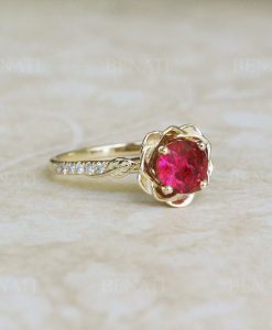 Ruby Rose Flower Engagement Ring, Ruby Rose Ring 1 Carat Solitaire Floral Engagement Ring, Nature Inspired Flower Ring - Image 4