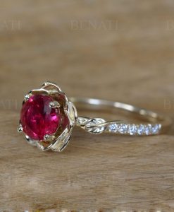 Ruby Rose Flower Engagement Ring, Ruby Rose Ring 1 Carat Solitaire Floral Engagement Ring, Nature Inspired Flower Ring - Image 5