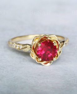 Ruby Rose Flower Engagement Ring, Ruby Rose Ring 1 Carat Solitaire Floral Engagement Ring, Nature Inspired Flower Ring - Image 6