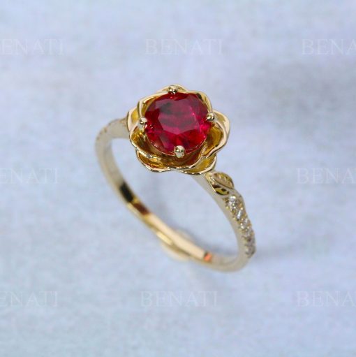 Ruby Rose Flower Engagement Ring, Ruby Rose Ring 1 Carat Solitaire Floral Engagement Ring, Nature Inspired Flower Ring