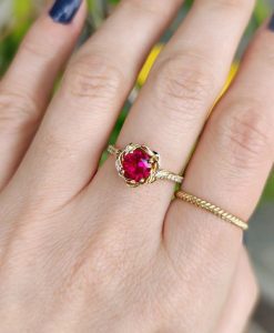 Ruby Rose Flower Engagement Ring, Ruby Rose Ring 1 Carat Solitaire Floral Engagement Ring, Nature Inspired Flower Ring - Image 10