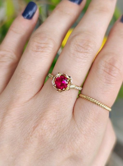 Ruby Rose Flower Engagement Ring, Ruby Rose Ring 1 Carat Solitaire Floral Engagement Ring, Nature Inspired Flower Ring
