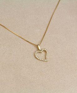 Diamond Heart Gold Pendant, 14k solid Gold Heart Charm For Women, Girls Dainty Everyday Stackable Open Heart Necklace - Image 2