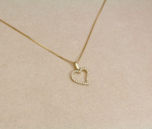 Diamond Heart Gold Pendant, 14k solid Gold Heart Charm For Women, Girls Dainty Everyday Stackable Open Heart Necklace