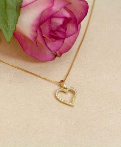 Diamond Heart Gold Pendant, 14k solid Gold Heart Charm For Women, Girls Dainty Everyday Stackable Open Heart Necklace - Image 3