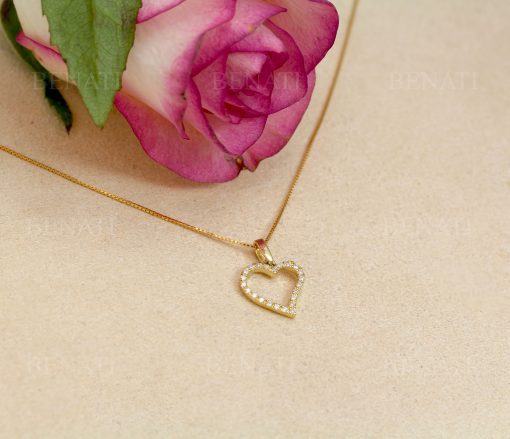 Diamond Heart Gold Pendant, 14k solid Gold Heart Charm For Women, Girls Dainty Everyday Stackable Open Heart Necklace