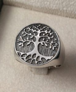 Tree of life bold mens masculine ring in sterling silver round top