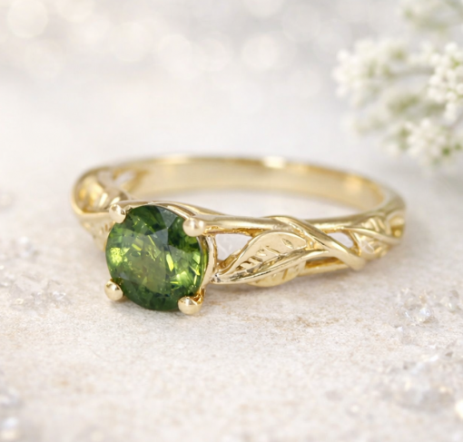Natural Sapphire Gold Engagement Ring, Handmade Leaf Design Ring, Solid Gold Botanical Ring, Unique Sapphire Ring for Women, Nature Inspired Fine Jewelry, Benati