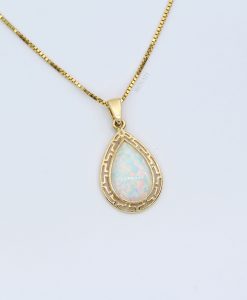 Pear Opal Necklace In 14k Gold, Pear Shape Greek Pattern Lab Opal Pendant - Image 6