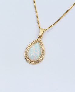 Greek pattern opal pear necklace 14k gold