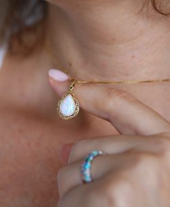 Pear Opal Necklace In 14k Gold, Pear Shape Greek Pattern Lab Opal Pendant - Image 2
