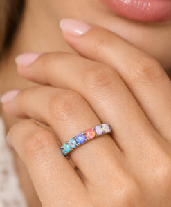 Multicolor Opal Eternity Band, 3mm Rainbow Opal Eternity Ring, Solid 14k Gold Opal Stacking Ring - Image 11