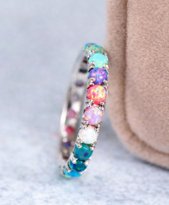Multicolor Opal Eternity Band, 3mm Rainbow Opal Eternity Ring, Solid 14k Gold Opal Stacking Ring - Image 9