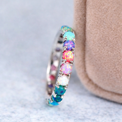 Multicolor Opal Eternity Band, 3mm Rainbow Opal Eternity Ring, Solid 14k Gold Opal Stacking Ring