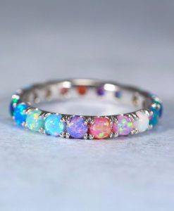 3mm rainbow opal eternity ring in 14k gold