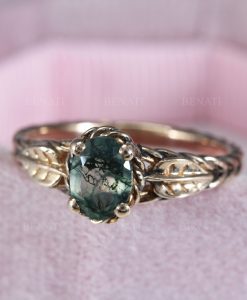 Oval Moss Agate Leaves Ring 14k Rose Gold, Twisted Rope Elvish Nature Engagement Ring Gift for Her - Image 3