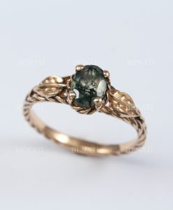 Oval Moss Agate Leaves Ring 14k Rose Gold, Twisted Rope Elvish Nature Engagement Ring Gift for Her - Image 5