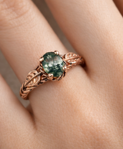 Oval Moss Agate Leaves Ring 14k Rose Gold, Twisted Rope Elvish Nature Engagement Ring Gift for Her - Image 2