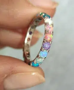 Multicolor Opal Eternity Band, 3mm Rainbow Opal Eternity Ring, Solid 14k Gold Opal Stacking Ring - Image 6