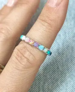 Multicolor Opal Eternity Band, 3mm Rainbow Opal Eternity Ring, Solid 14k Gold Opal Stacking Ring - Image 2