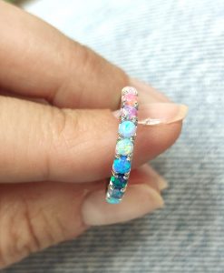 Multicolor Opal Eternity Band, 3mm Rainbow Opal Eternity Ring, Solid 14k Gold Opal Stacking Ring - Image 3