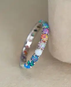 Multicolor Opal Eternity Band, 3mm Rainbow Opal Eternity Ring, Solid 14k Gold Opal Stacking Ring - Image 5