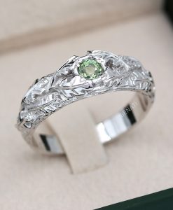 Green Sapphire Gemstone Ring - Nature Inspired Oak Leaves Wedding Ring For Men
