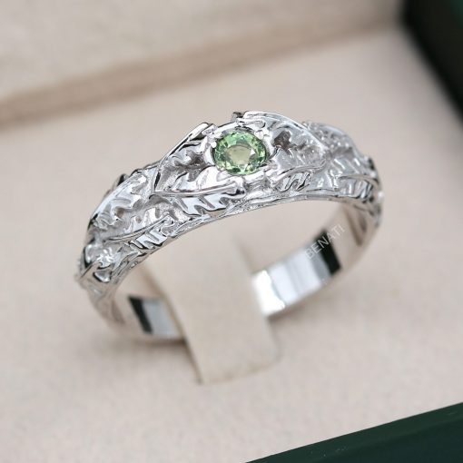 Green Sapphire Gemstone Ring – Nature Inspired Oak Leaves Wedding Ring For Men