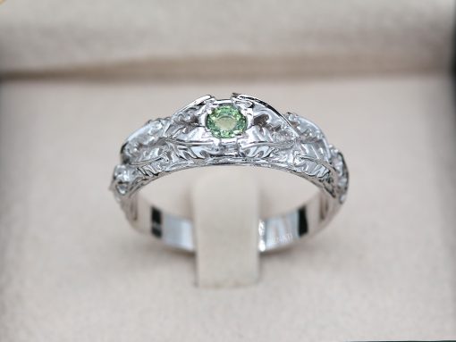 Green Sapphire Gemstone Ring – Nature Inspired Oak Leaves Wedding Ring For Men