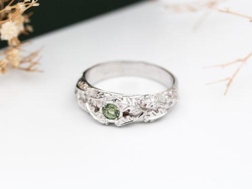 Green Sapphire Gemstone Ring – Nature Inspired Oak Leaves Wedding Ring For Men