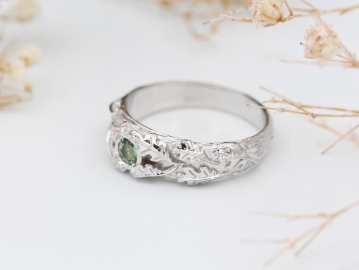 Green Sapphire Gemstone Ring – Nature Inspired Oak Leaves Wedding Ring For Men