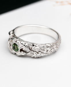 Green Sapphire Gemstone Ring - Nature Inspired Oak Leaves Wedding Ring For Men - Image 4