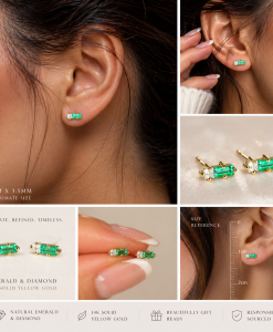 Emerald and Moissanite Baguette Earrings: 14k Gold Geometric Studs - Image 6