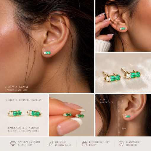 Emerald and Moissanite Baguette Earrings: 14k Gold Geometric Studs Emerald and Moissanite Baguette Earrings: 14k Gold Geometric Studs