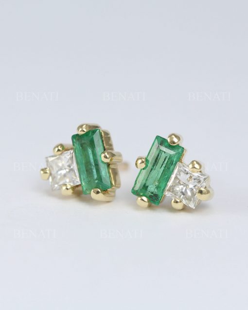 Emerald and Diamond Toi Moi Stud Earrings: 14k Gold Geometric Post Earrings